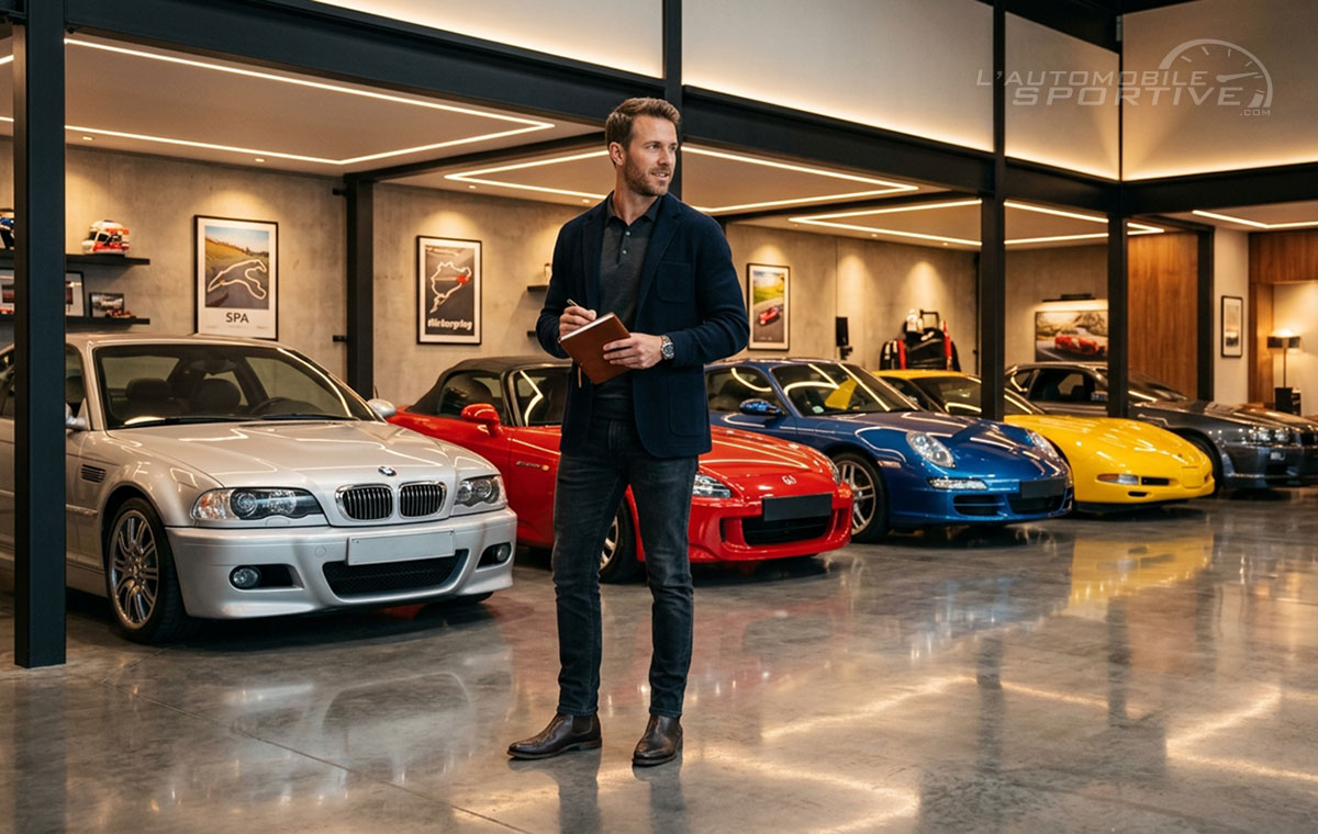 Alignement de sportives des années 2000 dans un showroom BMW M3 E46 Honda S2000 Porsche 997 Corvette C5 Nissan GT-R