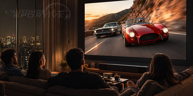 Passionnés d'automobiles regardant un film de course sur un home cinéma
