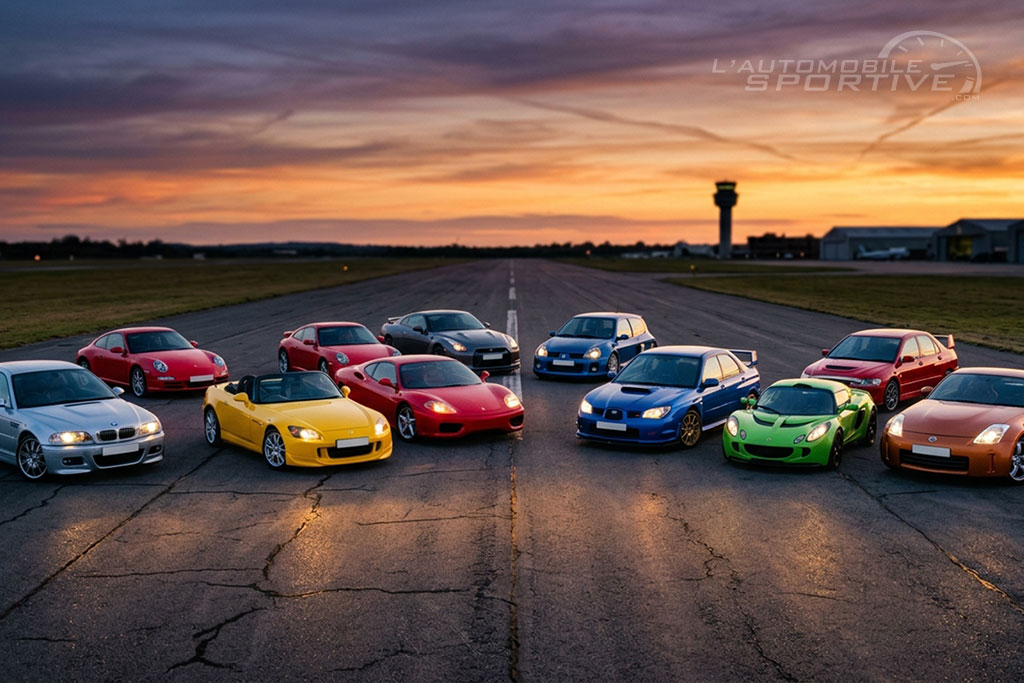 Rassemblement de dix sportives emblématiques des années 2000 sur une piste d'aviation au crépuscule : BMW M3 E46, Porsche 911, Ferrari 360, Honda S2000, Subaru STI et Nissan 350Z.