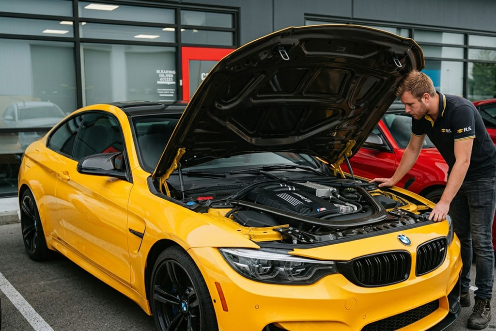 coupé sportif d’occasion garé devant un atelier, capot ouvert pour inspection