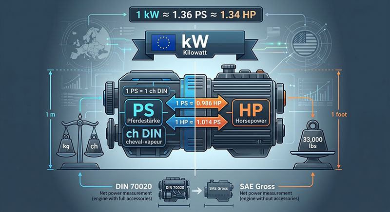 Infographie comparative des unités de puissance moteur : PS, ch DIN, HP et kW